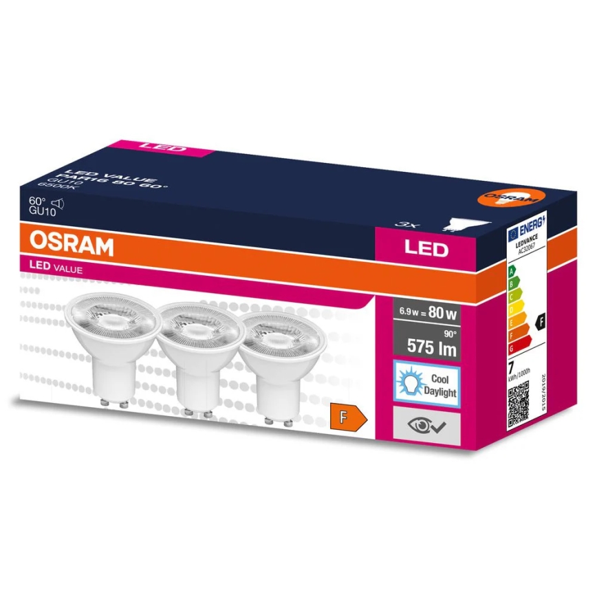 ZESTAW 3x żarówek reflektorowych LED PAR16 GU10/6,9W/230V 6500K 60° - Osram