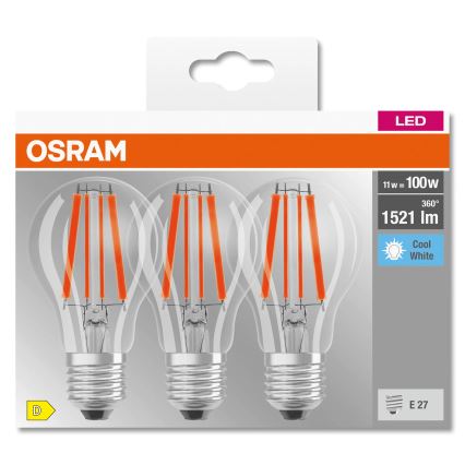 ZESTAW 3x żarówka LED BASE CLASSIC FILAMENT A60 E27/11W/230V 4000K - Osram