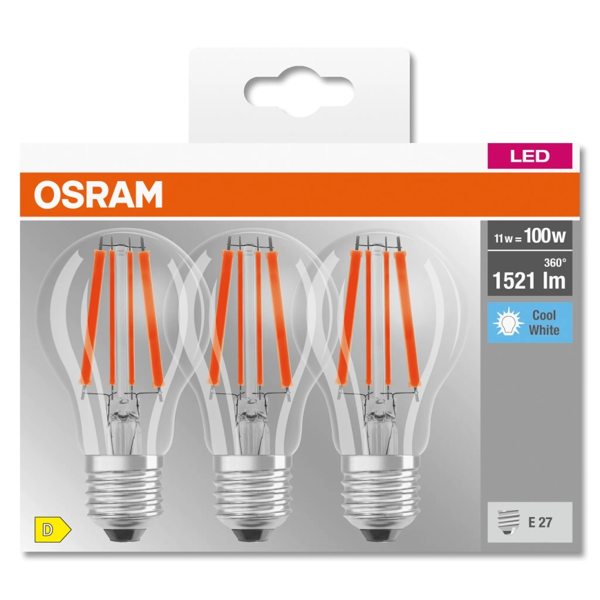 ZESTAW 3x żarówka LED BASE CLASSIC FILAMENT A60 E27/11W/230V 4000K - Osram