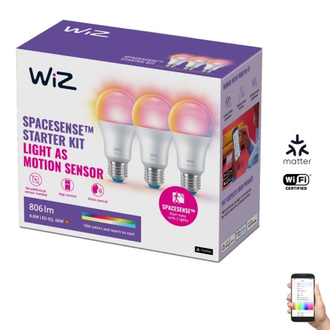 ZESTAW 3x Żarówka ściemnialna LED RGBW A60 E27/8,8W/230V 2200-6500K Wi-Fi - WiZ