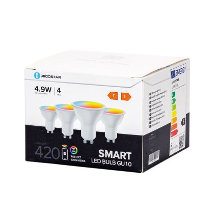 Zestaw 4x ściemnialnych inteligentnych żarówek LED RGBW GU10/4,9W/230V 2700-6500K - Aigostar