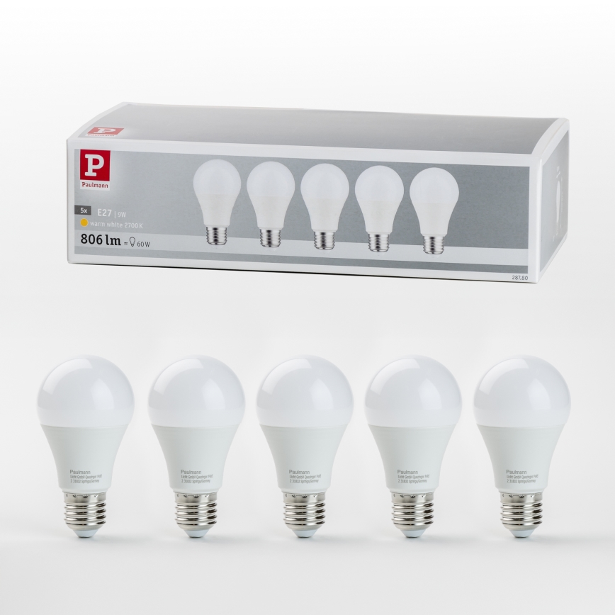 ZESTAW 5x LED Żarówka A60 E27/9W/230V 2700K - Paulmann 28780