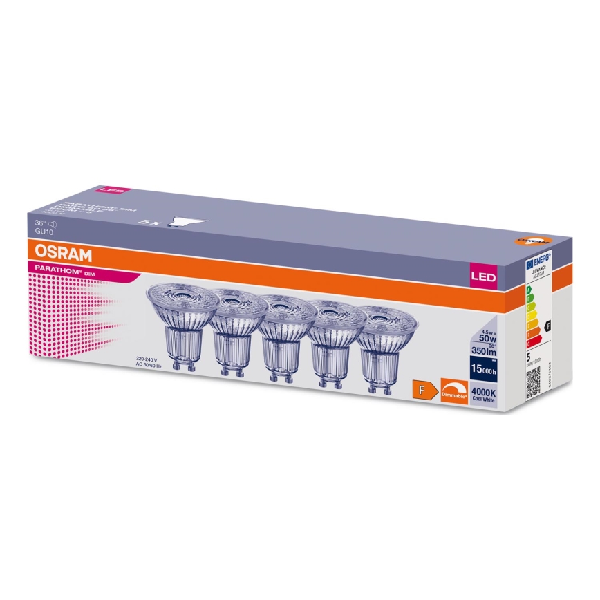 ZESTAW 5x LED Żarówka ściemnialna PAR16 GU10/4,5W/230V 4000K 36° - Osram