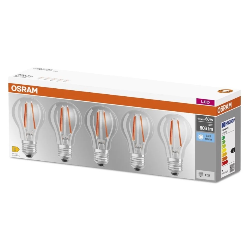 Zestaw 5x żarówek LED BASE CLASSIC FILAMENT A60 E27/7W/230V 4000K - Osram