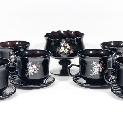 Zestaw 6x szklanek z podstawkami i 1x czarny cukierniczka