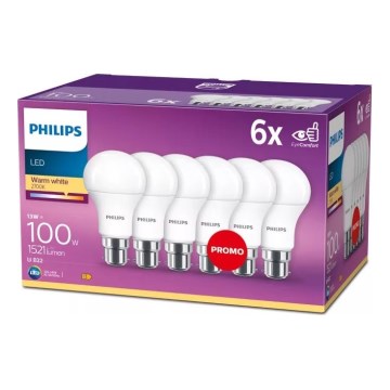 Zestaw 6 żarówek LED Philips A60 z trzonkiem B22, 13W, 230V, 2700K