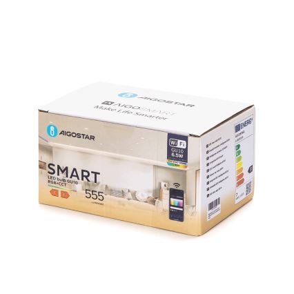 Zestaw 6 żarówek LED RGBW GU10, 6,5 W, 230 V, 2700–6500 K, ściemnialne, Wi‑Fi - Aigostar