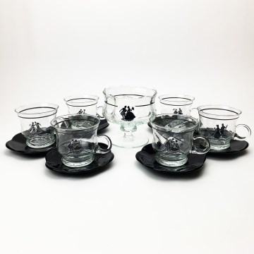 Zestaw 6x szklana filiżanka ze spodkiem i 1x cukiernica przezroczysty