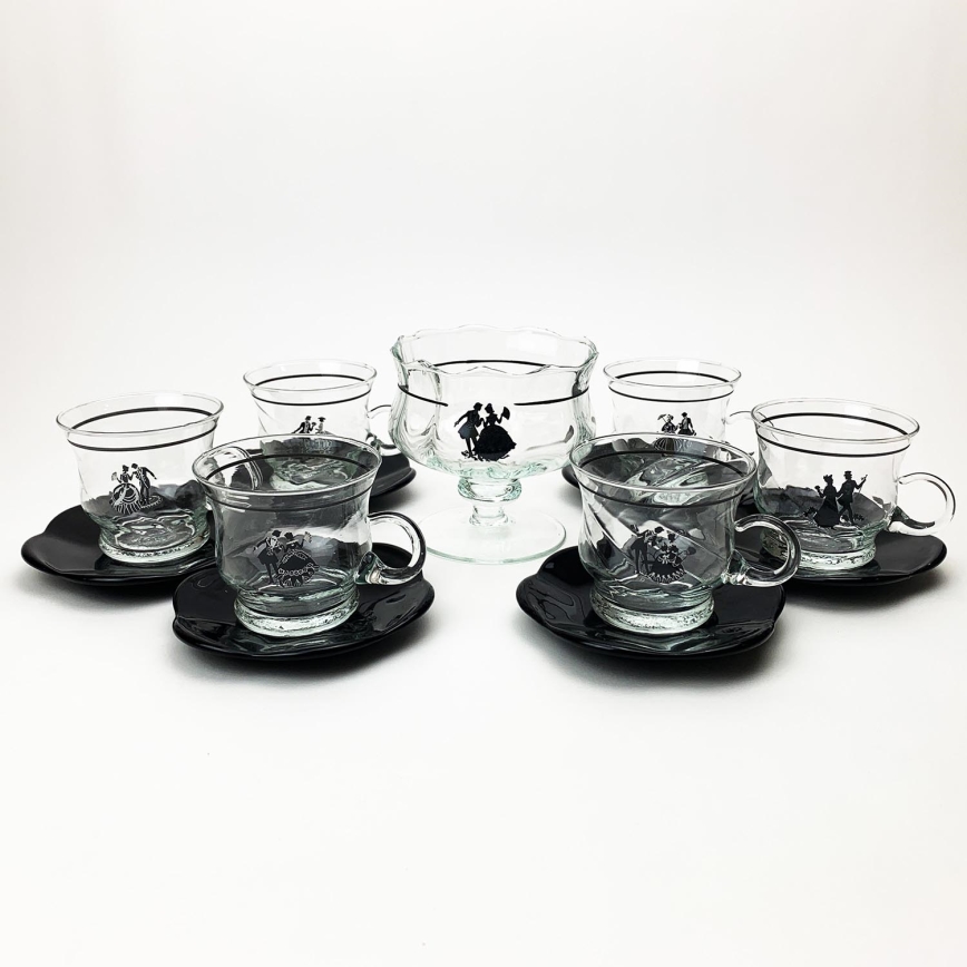 Zestaw 6x szklana filiżanka ze spodkiem i 1x cukiernica przezroczysty