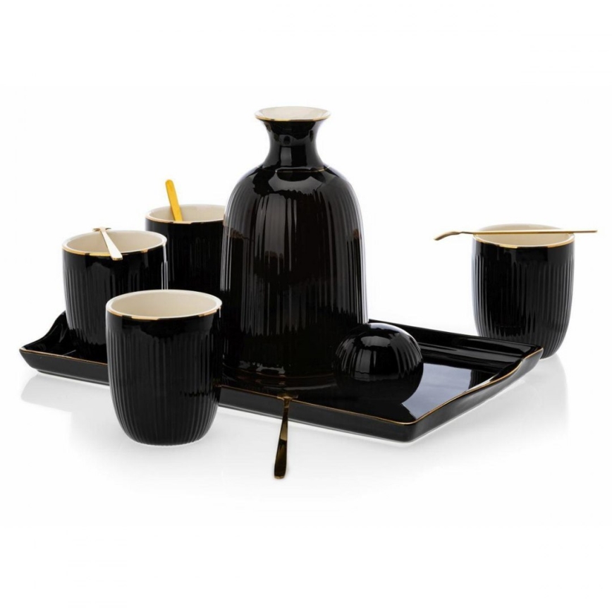 Zestaw ceramicznych filiżanek z karafką i tacą KENDI czarny