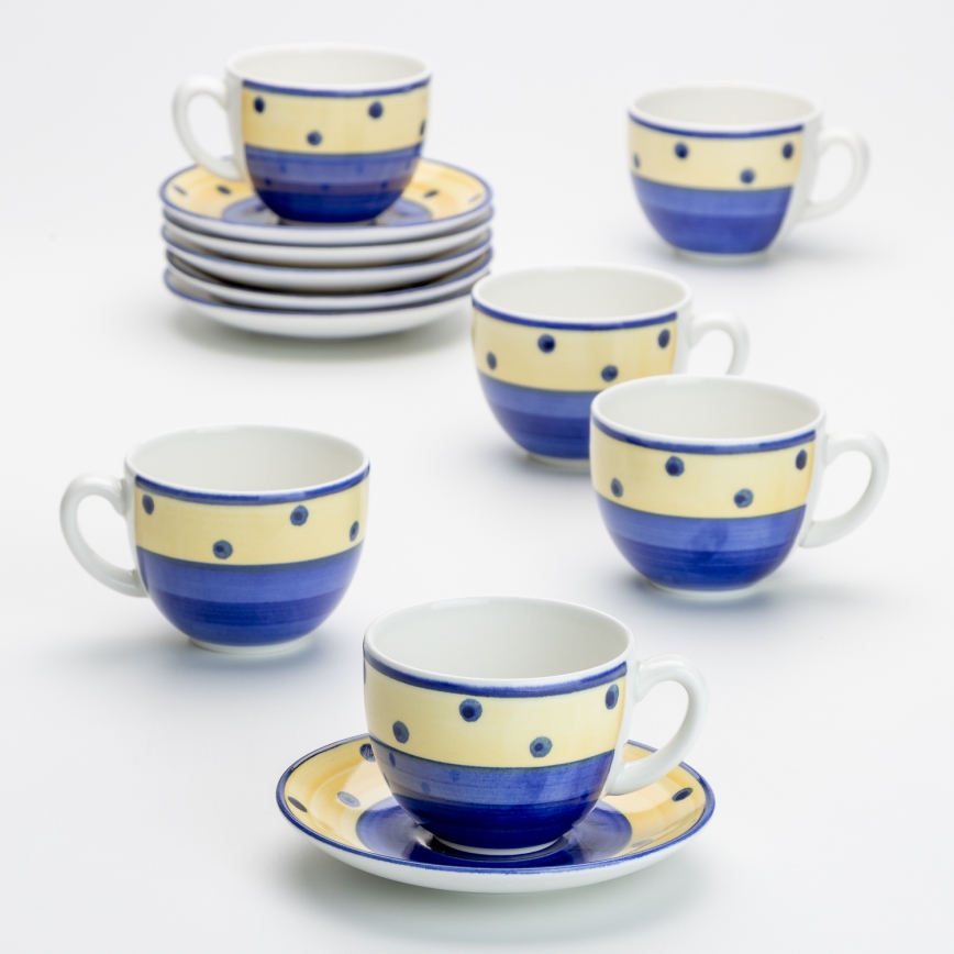 Zestaw do kawy 6x filiżanka ceramiczna ze spodkiem niebiesko-żółty