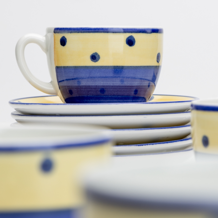 Zestaw do kawy 6x filiżanka ceramiczna ze spodkiem niebiesko-żółty