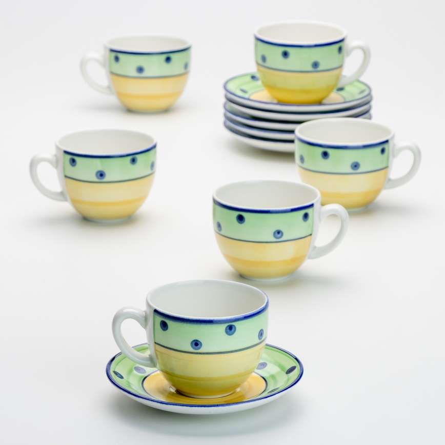 Zestaw do kawy 6x filiżanka ceramiczna ze spodkiem zielono-żółty