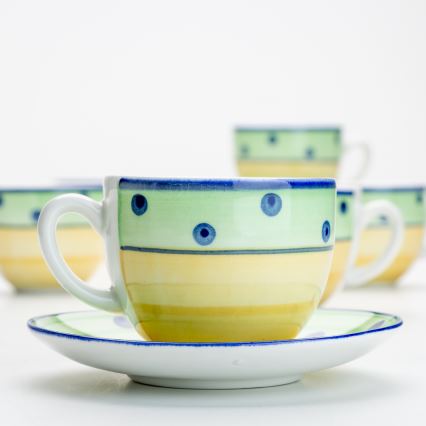 Zestaw do kawy 6x filiżanka ceramiczna ze spodkiem zielono-żółty