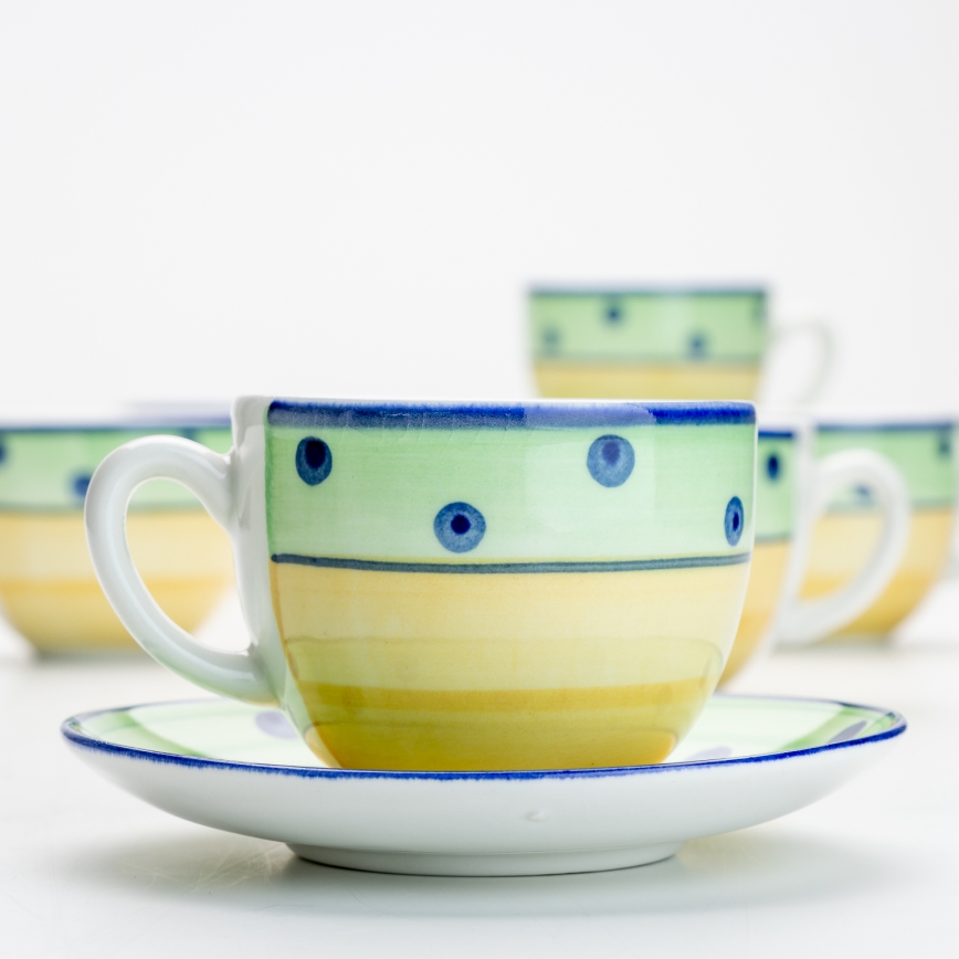 Zestaw do kawy 6x filiżanka ceramiczna ze spodkiem zielono-żółty
