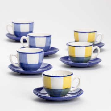 Zestaw do kawy 6x kubek ceramiczny Tereza z podstawką biały niebieski żółty