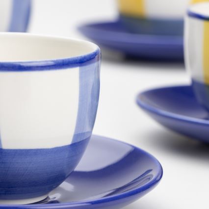 Zestaw do kawy 6x kubek ceramiczny Tereza z podstawką biały niebieski żółty