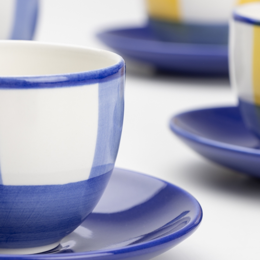 Zestaw do kawy 6x kubek ceramiczny Tereza z podstawką biały niebieski żółty
