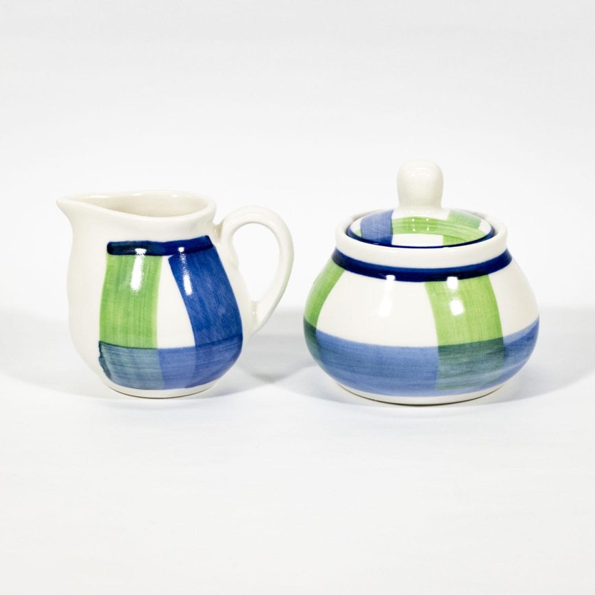 Zestaw Lucie 1x ceramiczna cukiernica z pokrywką i 1x ceramiczny dzbanek na mleko niebiesko-zielony