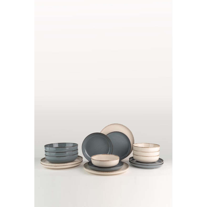 Zestaw obiadowy 16 elementów beżowy/niebieski/porcelana