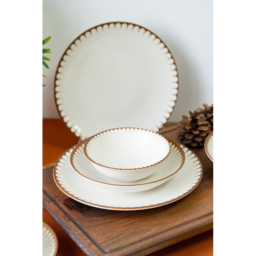 Zestaw obiadowy 18 elementów, biały/brązowy, porcelana