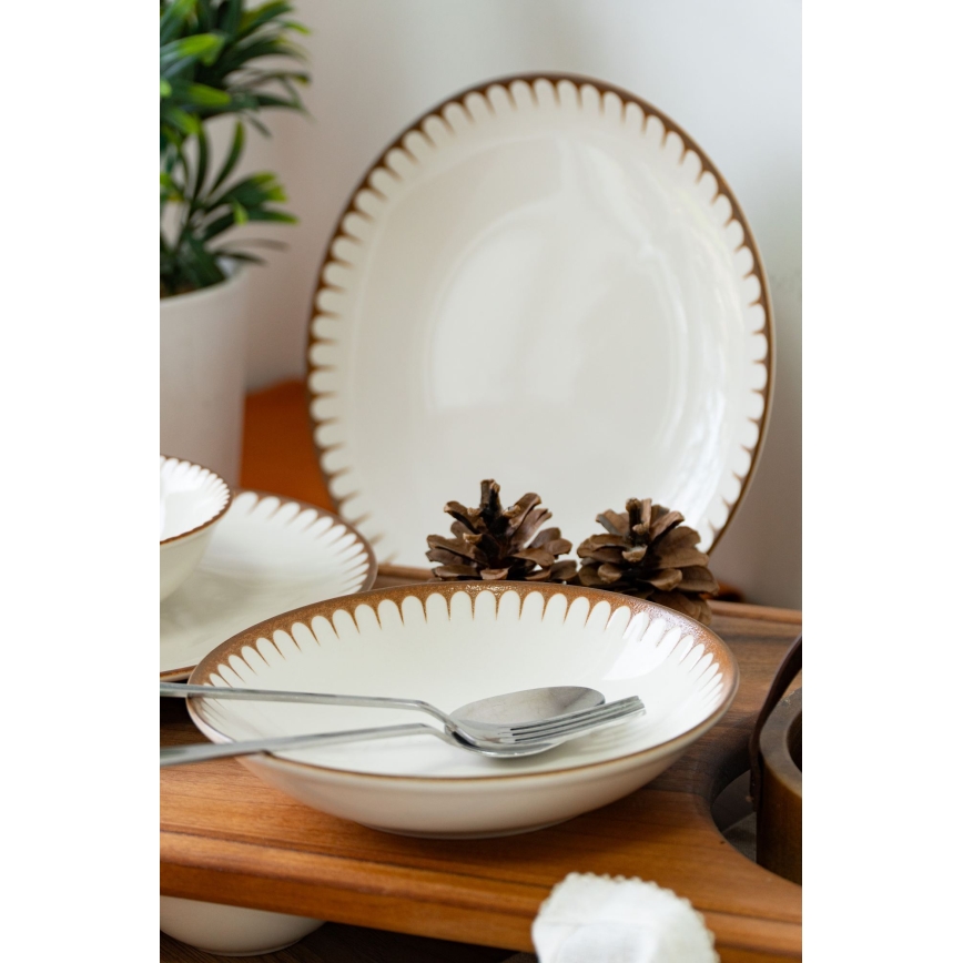 Zestaw obiadowy 18 elementów, biały/brązowy, porcelana