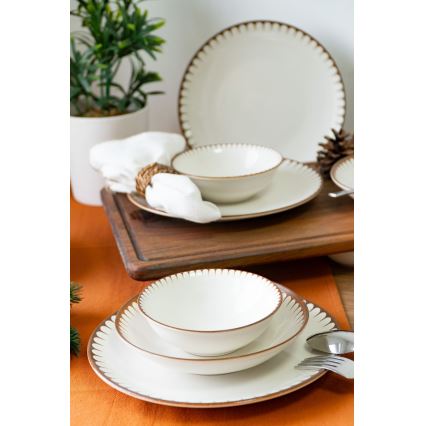 Zestaw obiadowy 18 elementów, biały/brązowy, porcelana