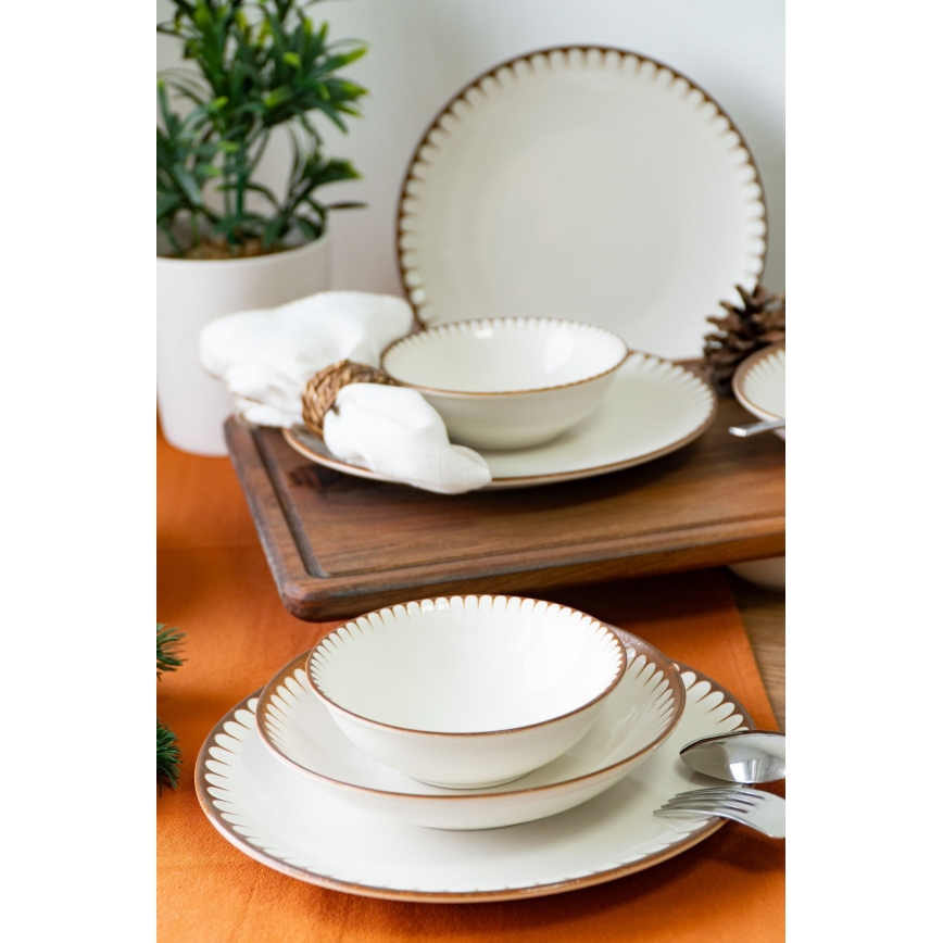Zestaw obiadowy 18 elementów, biały/brązowy, porcelana