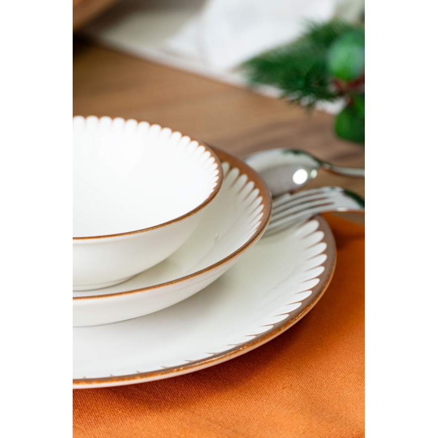 Zestaw obiadowy 18 elementów, biały/brązowy, porcelana