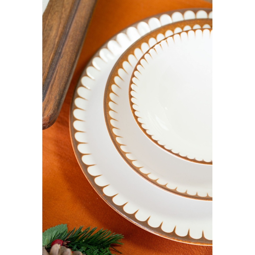 Zestaw obiadowy 18 elementów, biały/brązowy, porcelana