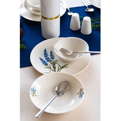Zestaw obiadowy 18 elementów, porcelanowy — biały/niebieski/zielony