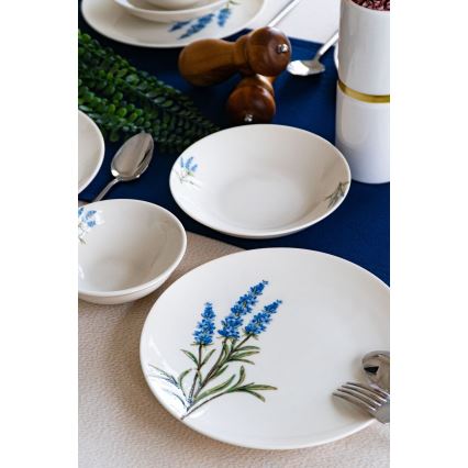 Zestaw obiadowy 18 elementów, porcelanowy — biały/niebieski/zielony