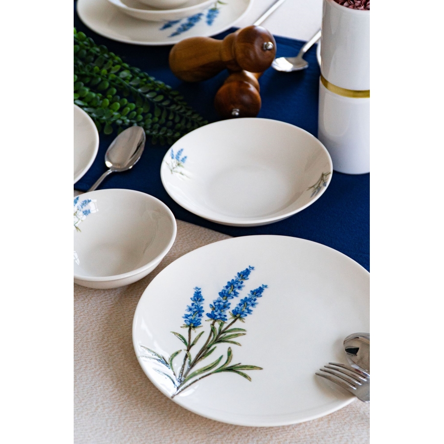 Zestaw obiadowy 18 elementów, porcelanowy — biały/niebieski/zielony