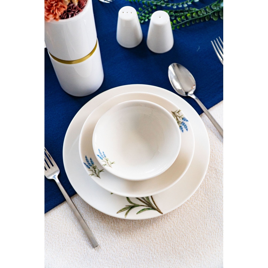Zestaw obiadowy 18 elementów, porcelanowy — biały/niebieski/zielony