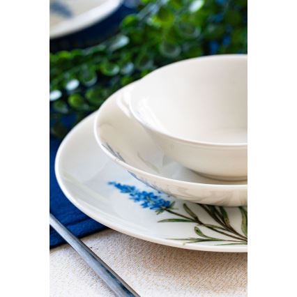 Zestaw obiadowy 18 elementów, porcelanowy — biały/niebieski/zielony