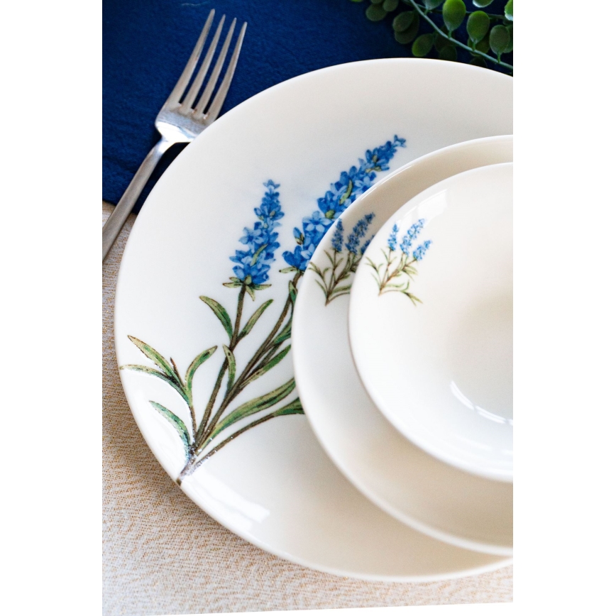 Zestaw obiadowy 18 elementów, porcelanowy — biały/niebieski/zielony