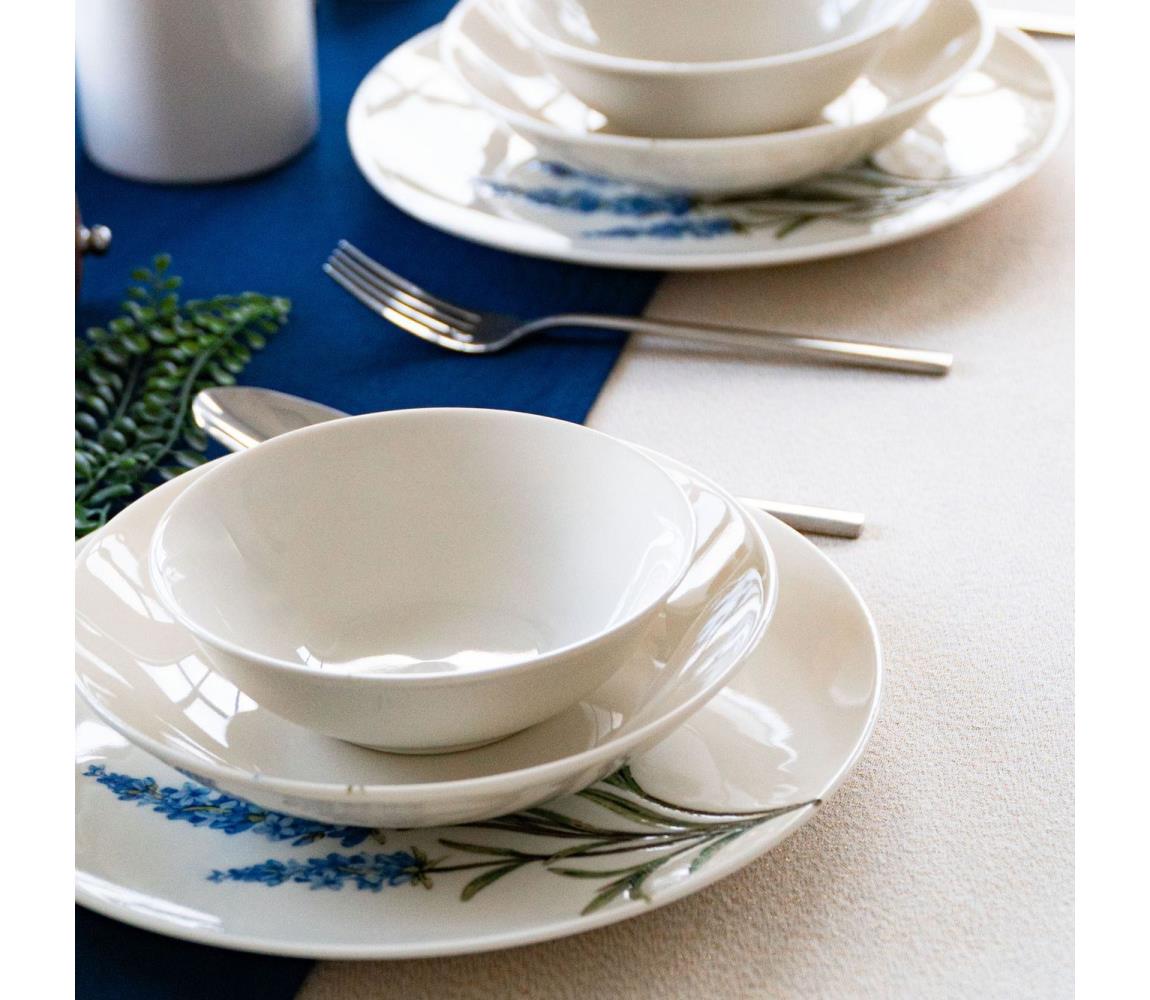 Zestaw obiadowy 18 elementów, porcelanowy — biały/niebieski/zielony