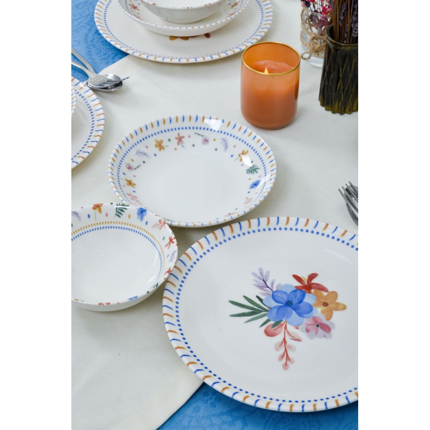 Zestaw obiadowy 18 elementów — wielobarwny, porcelanowy