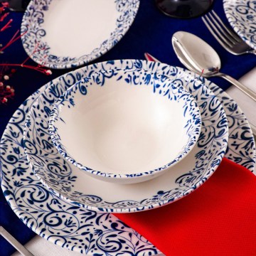 Zestaw obiadowy 18 szt. biały/niebieski/porcelana