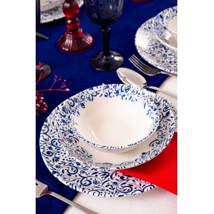 Zestaw obiadowy 18 szt. biały/niebieski/porcelana