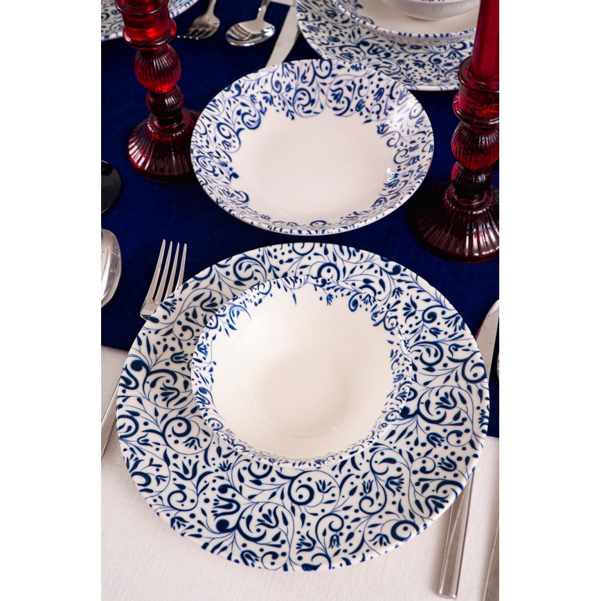 Zestaw obiadowy 18 szt. biały/niebieski/porcelana