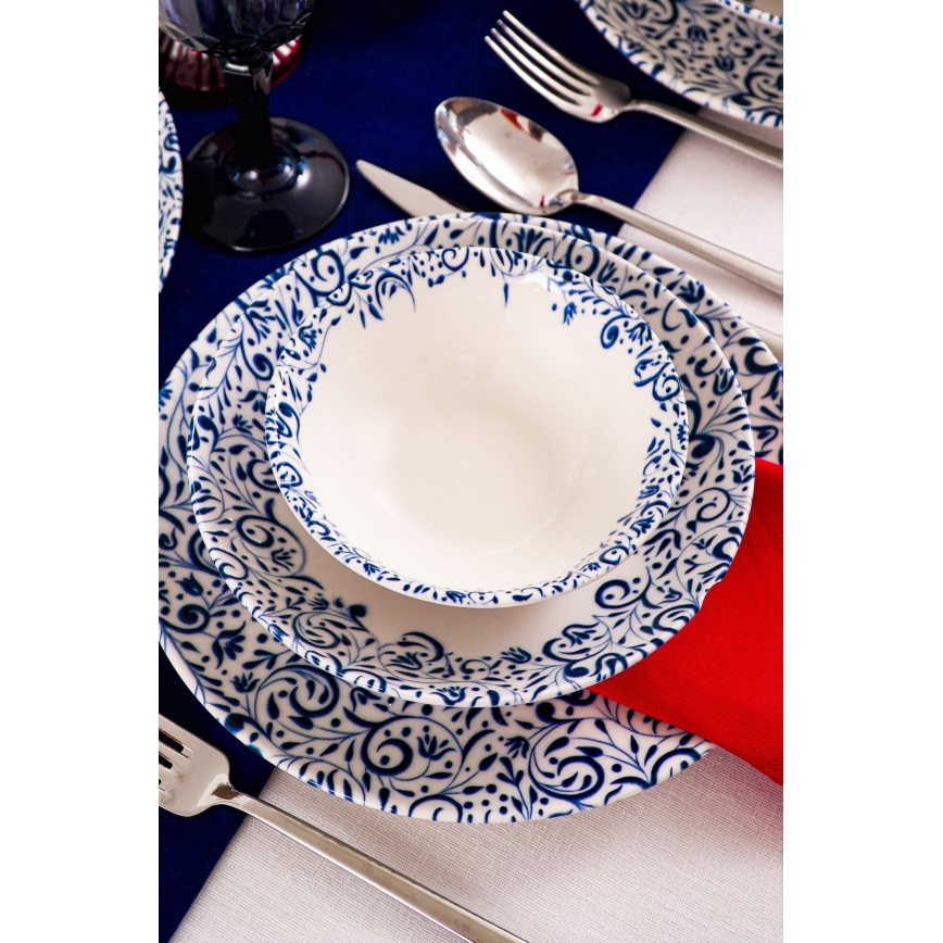 Zestaw obiadowy 18 szt. biały/niebieski/porcelana