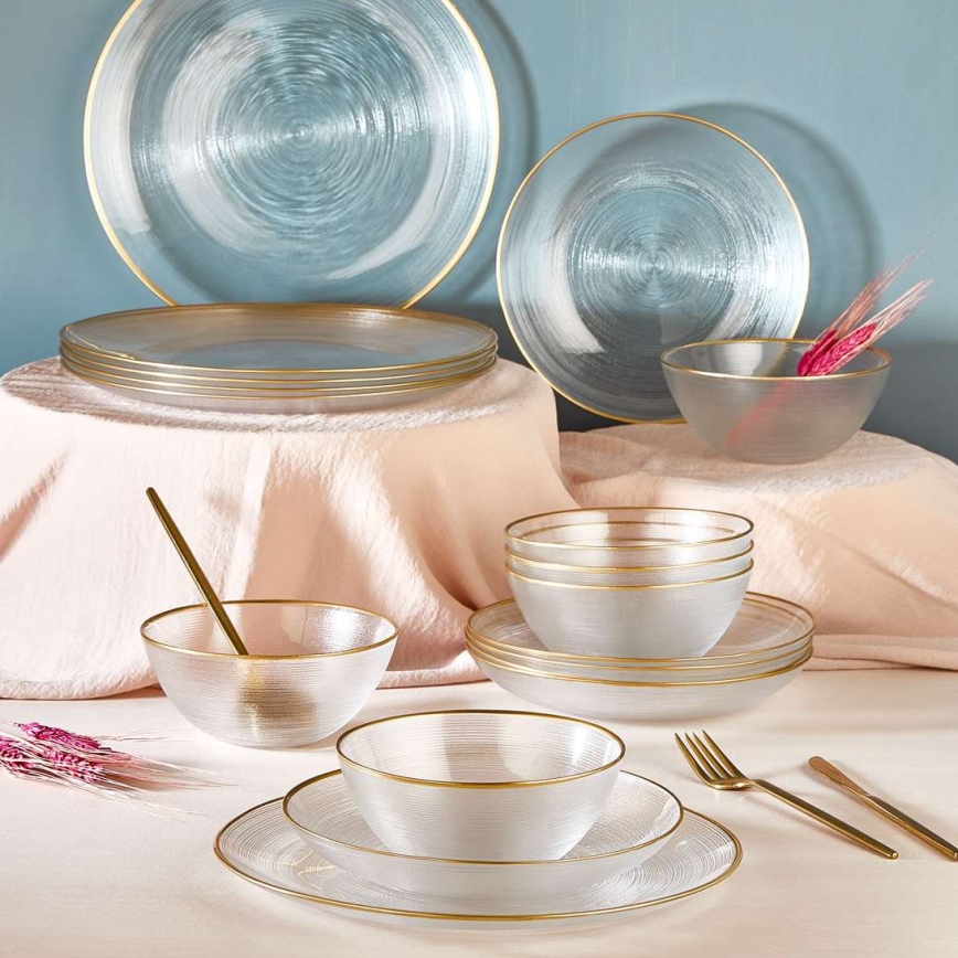 Zestaw obiadowy 18‑częściowy, przezroczysty/złoty, szkło