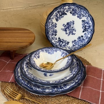 Zestaw obiadowy 24 części biały/niebieski/porcelana