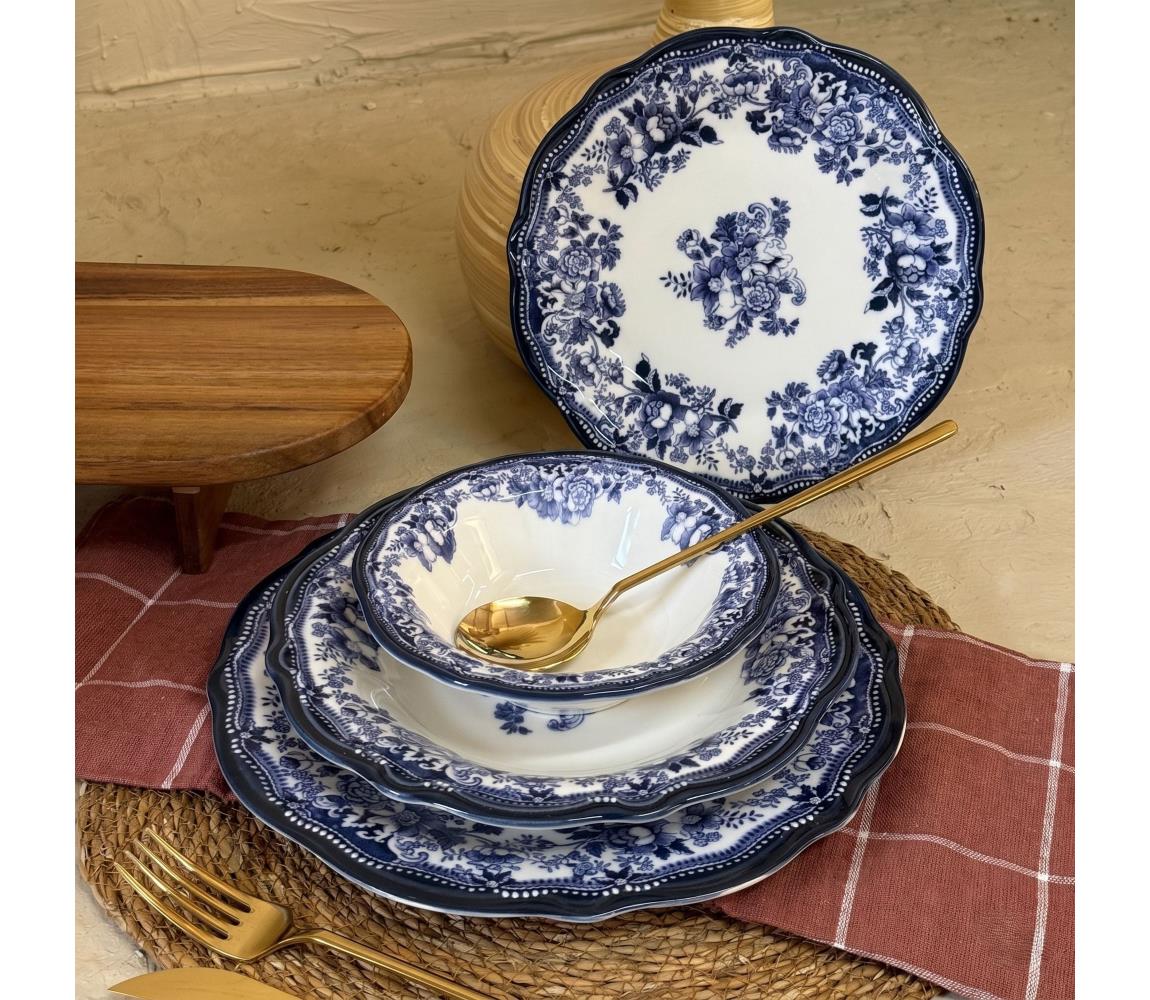 Zestaw obiadowy 24 części biały/niebieski/porcelana