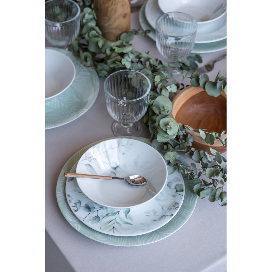 Zestaw obiadowy 24 części — porcelanowy, biały/zielony