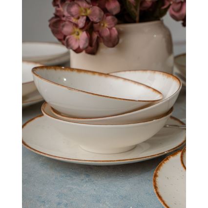 Zestaw obiadowy 24-częściowy, beżowy/brązowy, porcelanowy