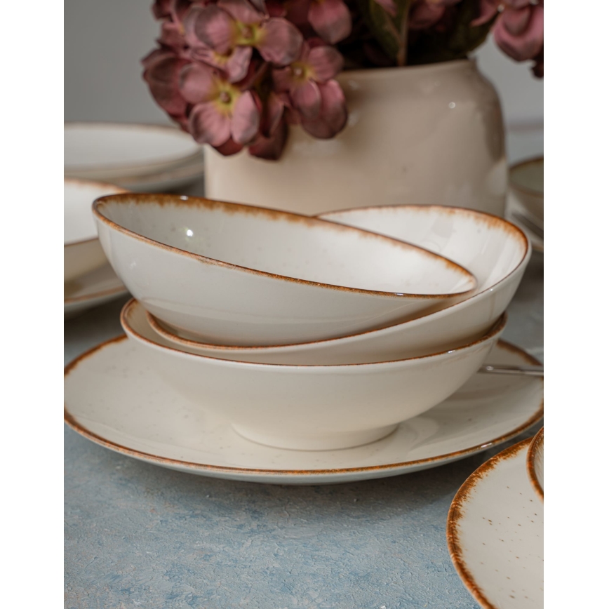 Zestaw obiadowy 24-częściowy, beżowy/brązowy, porcelanowy