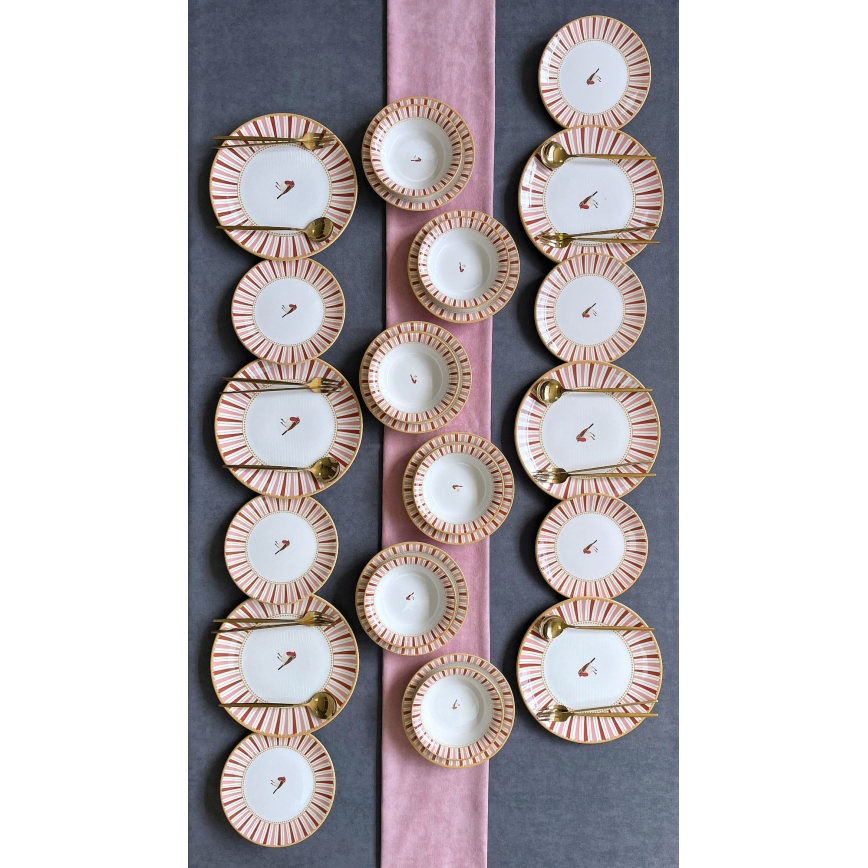 Zestaw obiadowy 24-częściowy, biały/czerwony/złoty, ceramika