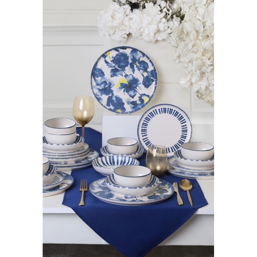 Zestaw obiadowy 24-częściowy biały/niebieski/kamionka